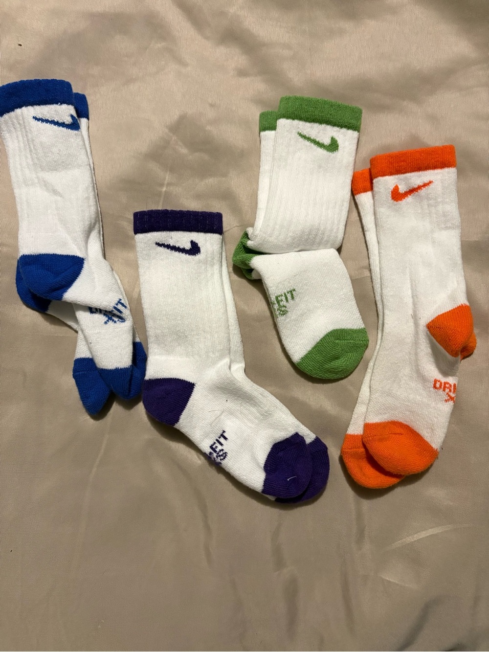 Nike White Crew Athletic Socks with Blue, Purple, Green & Orange Accents